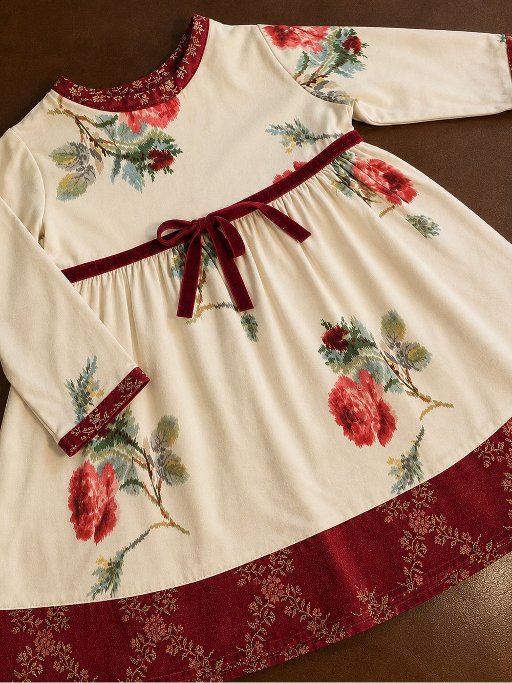 Girls Cream Baby Lulu 12 mo dress with Burgundy Trim